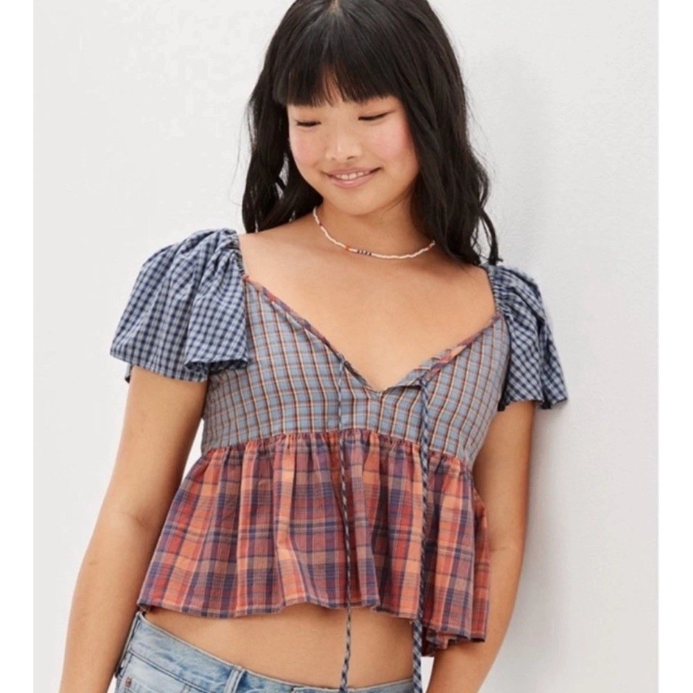 American Eagle Plaid Patchwork Babydoll Top Shirt Blouse Women's Size Large NWT